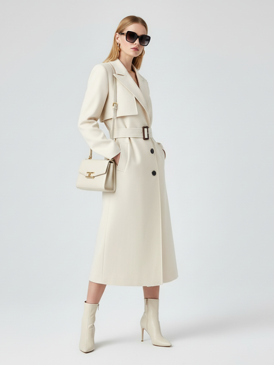 Trench long laine crème ceinturé coupe maxi