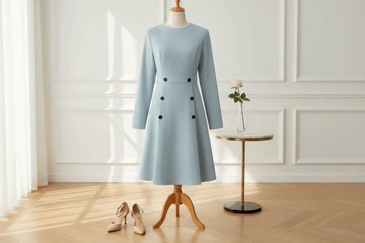 Robe bleu ciel avec arrière-plan parisien